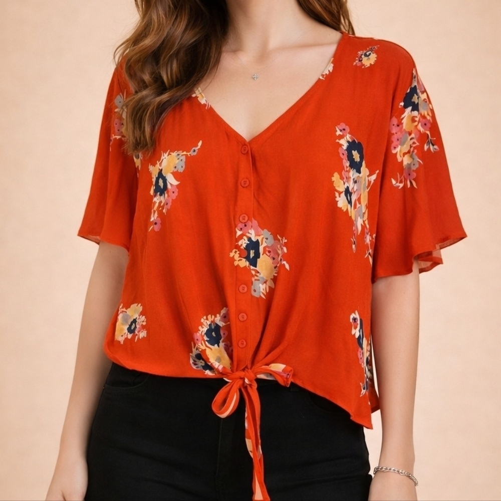 MODCLOTH Red Floral Fluttery Tie Waist Blouse 2X